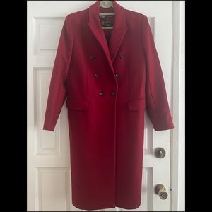 Beautiful ZARA Deep Cranberry Red 100% Wool Double Fitted  Breasted Coat
